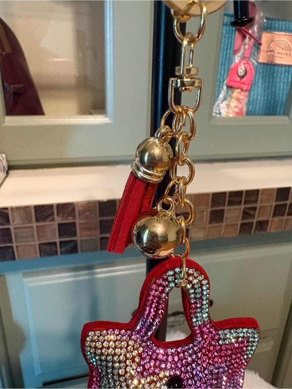 Rhinestone Mini Handbag Keychain in Pink & Multicolor - Picture 3 of 4